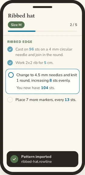 The Rowtine app on a phone, with the Ribbed hat pattern open in size M: two steps out of five checked, the current step outlined with the stitch count it gives, and at the bottom the Pattern imported notification, ribbed-hat.rowtine.