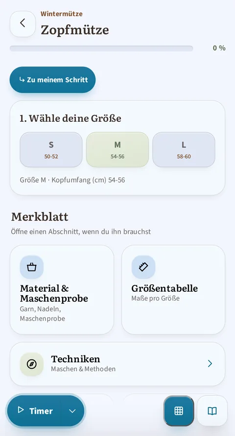 Die Anleitung Zopfmütze, im Projekt Wintermütze geöffnet: „Zu meinem Schritt“, dann das Inhaltsverzeichnis des Lesemodus (ein Punkt pro Abschnitt), „1. Wähle deine Größe“ mit S 50-52, M 54-56 bereits gewählt und L 58-60, und unten der Timer