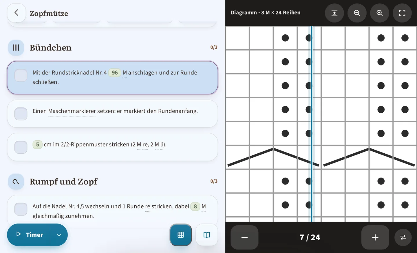 Der zweispaltige Lesemodus auf dem Tablet: links die Zopfmütze, der Abschnitt Bündchen bei 0/3 und der Schritt Mit der Rundstricknadel Nr. 4 96 M anschlagen; rechts Diagramm · 8 M × 24 Reihen bei Reihe 7 von 24.