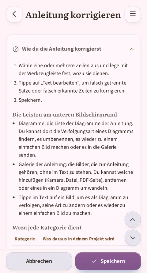 Unter den 3 Schritten ordnet die Tabelle Kategorie / Was daraus in deinem Projekt wird die Zeilen Schritt, Notiz, Referenz und Zähler mit ihren Erklärungen; die nächste Zeile ist angeschnitten