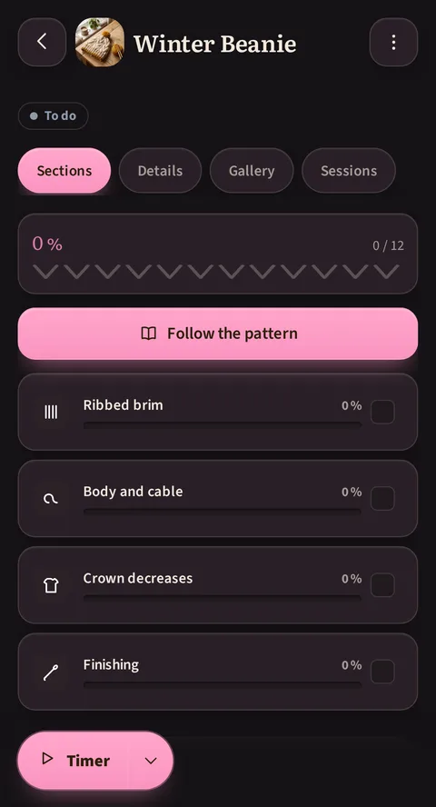 The same project page for the Winter Beanie in Rowtine, in the dark theme: night background, pink accent, the same To do badge, exactly the same tabs, the same progress at 0 of 12 and the same four sections.