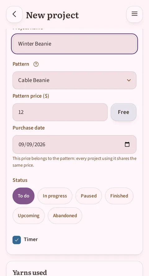The New project form on Winter Beanie: under the Cable Beanie pattern, Pattern price ($) reads 12 next to the Free button, Purchase date holds 12/08/2026, and Status sits on To do