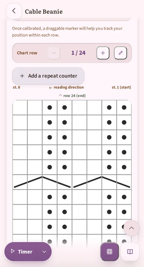 The Chart row counter sits at 1 / 24, above the button that adds a repeat counter, the st. 8, st. 1 (start) and row 24 (end) markers, and the grid of dots and cable crossings
