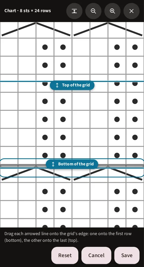 The full-screen view where you line the chart up: the top bar reads Chart · 8 sts × 24 rows beside the align, zoom and close icons, two lines carry the labels Top of the grid and Bottom of the grid a few rows apart, and Reset, Cancel and Save sit at the bottom