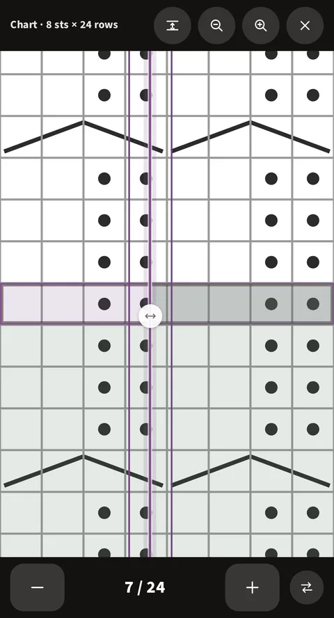 The current row ringed, the round double-arrow handle sitting mid-row, the finished rows tinted below it, and 7 / 24 along the bottom with the button that flips the tinted side