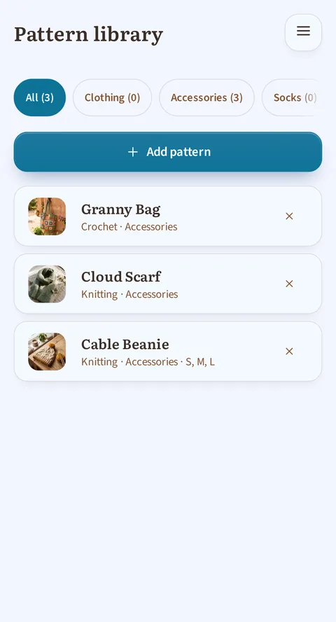 The All (3), Clothing (0) and Accessories (3) chips with a fourth one cut off by the right edge, the full-width Add pattern button, then Granny Bag in crochet, Cloud Scarf in knitting and Cable Beanie, the only one carrying its S, M, L sizes