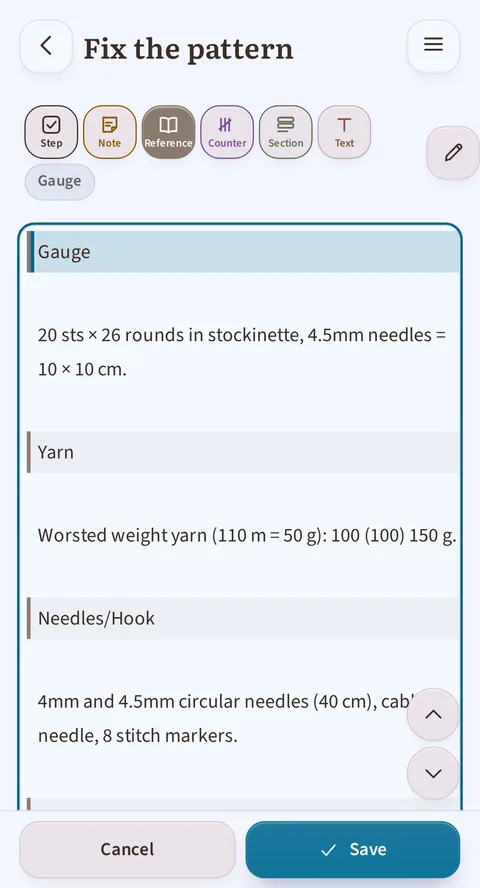 Under the Fix the pattern title, the Gauge block reads 20 sts × 26 rounds in stockinette, 4.5mm needles = 10 × 10 cm, then the Yarn block, the Needles/Hook heading and the Cancel and Save bar