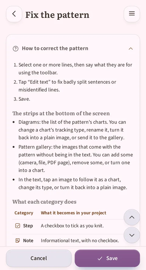 Below the 3 steps, the Category / What it becomes in your project table lines up Step (a checkbox to tick as you knit), then Note, Reference, Counter and Section, each with its own definition