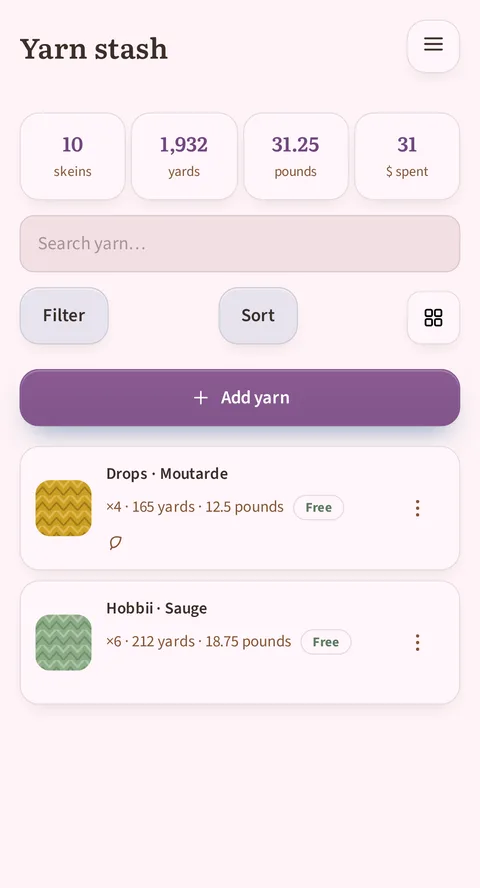10 skeins, 1,932 yards, 31.25 pounds and 31 dollars spent across the top, the Search yarn… field and the Filter and Sort buttons, then Drops · Moutarde, ×4 · 165 yards · 12.5 pounds with a small leaf below it, and Hobbii · Sauge, ×6 · 212 yards · 18.75 pounds, both marked Free