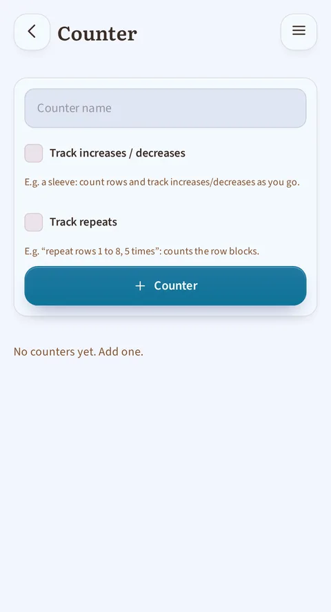 The Counter name field still empty, both boxes unticked beside their examples (a sleeve, or repeat rows 1 to 8, 5 times), then the + Counter button and the line No counters yet. Add one.