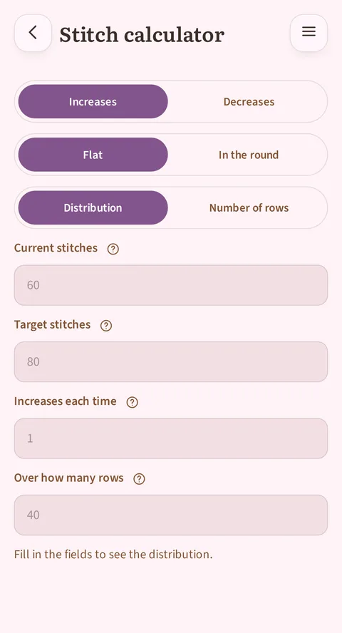 Increases, Flat and Distribution picked out, then the empty Current stitches, Target stitches, Increases each time and Over how many rows fields, hinting 60, 80, 1 and 40