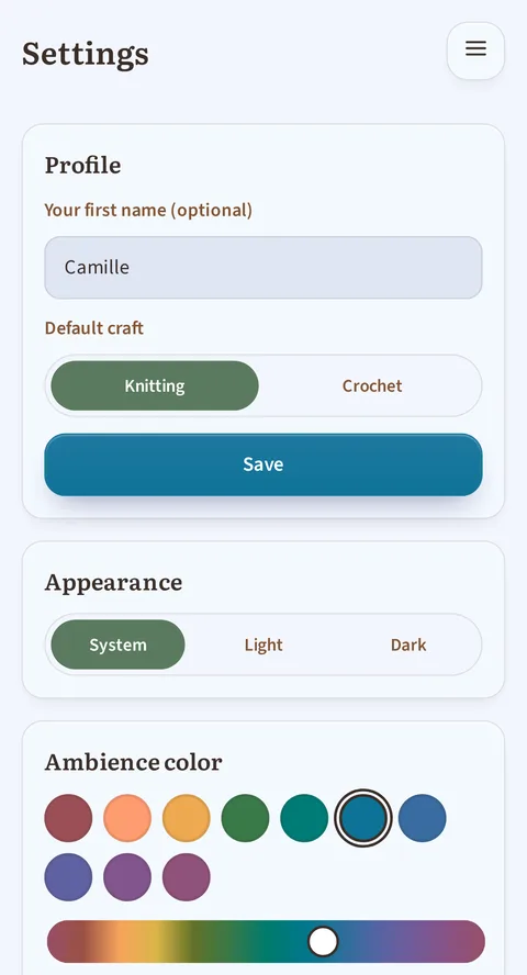 Camille typed into "Your first name (optional)", Knitting picked out as the default craft and a Save button closing off the Profile card, then Appearance on System, the Ambience color block with its ten dots and its hue slider, First day of the week on Monday, and the Language heading alone at the bottom edge