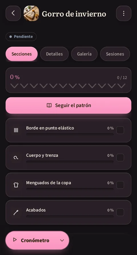 La misma ficha del proyecto Gorro de invierno en Rowtine, en tema oscuro: fondo noche, acento rosa, la misma etiqueta Pendiente, exactamente las mismas pestañas, el mismo avance en 0 de 12 y las mismas cuatro secciones.