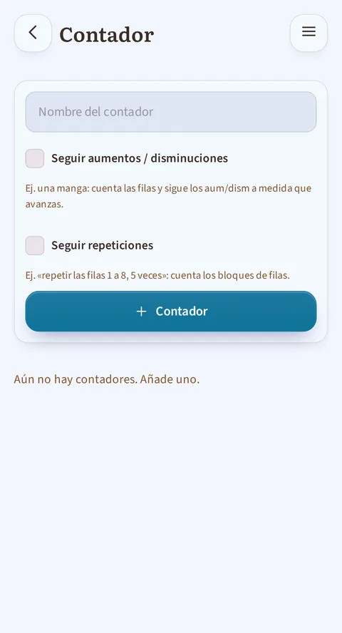 La pantalla Contador con el campo del nombre vacío: bajo cada una de las dos casillas hay un ejemplo, una manga y repetir las filas 1 a 8 cinco veces; más abajo, Aún no hay contadores, añade uno.