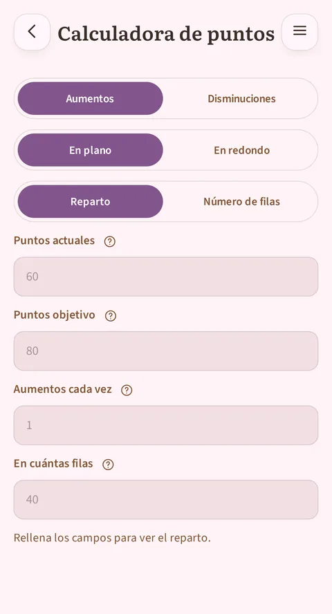 Tres selectores marcan Aumentos, En plano y Reparto; debajo los campos Puntos actuales 60, Puntos objetivo 80, Aumentos cada vez 1 y En cuántas filas 40, los cuatro todavía como marcadores, con el aviso de rellenar los campos.