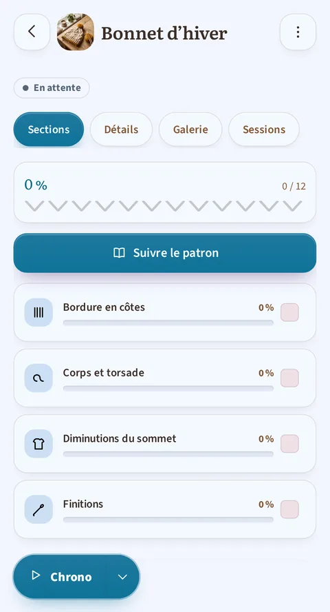 Le projet Bonnet d'hiver, marqué En attente, ouvert sur son onglet Sections : 0 % et 0 / 12 en haut, le bouton pleine largeur « Suivre le patron », puis Bordure en côtes, Corps et torsade, Diminutions du sommet et Finitions, toutes encore à 0 % ; la pastille du chrono flotte en bas, au repos