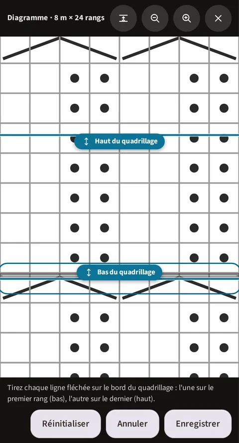 Le plein écran qui sert à caler le diagramme : en haut « Diagramme · 8 m × 24 ra… » et les icônes de calage, de zoom et de fermeture ; deux lignes étiquetées Haut du quadrillage et Bas du quadrillage à quelques rangs l'une de l'autre ; en bas Réinitialiser, Annuler et Enregistrer