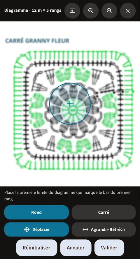 Le même assistant de calage granny, la limite déclarée ronde cette fois : la loupe ronde, marquée de la même croix, cerne la même fleur centrale du carré aux points flous, les boutons Rond et Carré (Rond activé), puis Déplacer, activé lui aussi, Agrandir·Rétrécir, et en bas Réinitialiser, Annuler et Valider
