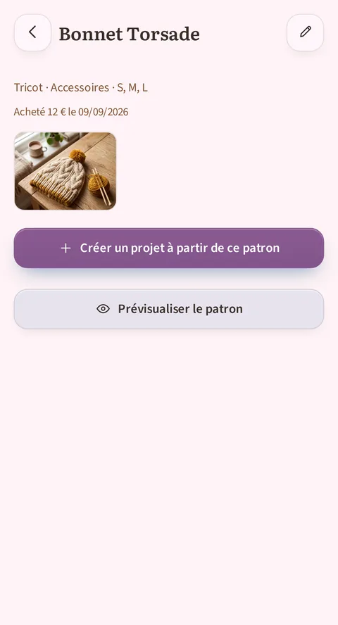 Bonnet Torsade, sous-titré Tricot · Accessoires · S, M, L, puis la ligne Acheté 12 € le 12/08/2026 et une photo du bonnet torsadé posé sur une planche de bois, un crayon de modification en haut à droite, et les deux boutons Créer un projet à partir de ce patron et Prévisualiser le patron