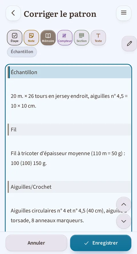 Sous le titre « Corriger le patron », le bloc Échantillon donne 20 m. × 26 tours en jersey endroit, aiguilles n° 4,5 = 10 × 10 cm, puis le bloc Fil, le titre Aiguilles/Crochet et la barre Annuler / Enregistrer