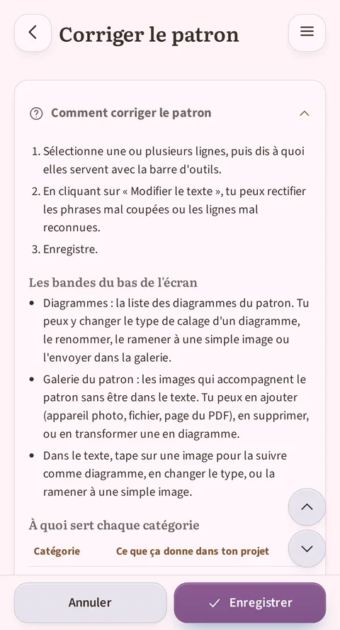 Sous les 3 étapes, le tableau Catégorie / Ce que ça donne dans ton projet aligne Étape (une case à cocher pendant le tricot), puis Note, Aide-mémoire et Compteur, chacune avec sa définition