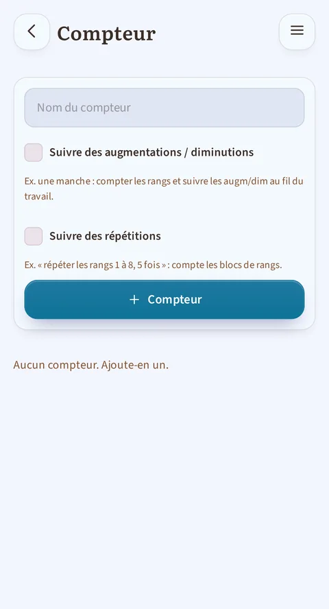 Le champ « Nom du compteur » encore vide, les deux cases décochées avec leur exemple (une manche, ou « répéter les rangs 1 à 8, 5 fois »), puis « + Compteur » et « Aucun compteur. Ajoute-en un. »