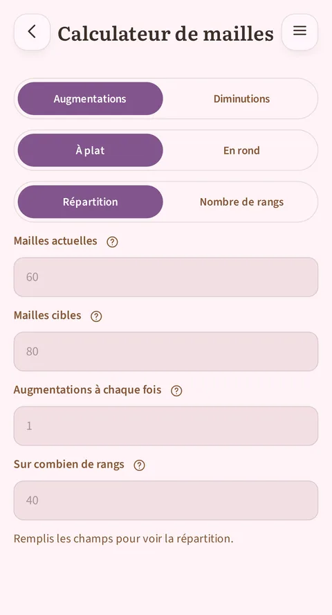 Augmentations, À plat et Répartition retenus, puis les champs vides Mailles actuelles, Mailles cibles, Augmentations à chaque fois et Sur combien de rangs, indiqués 60, 80, 1 et 40